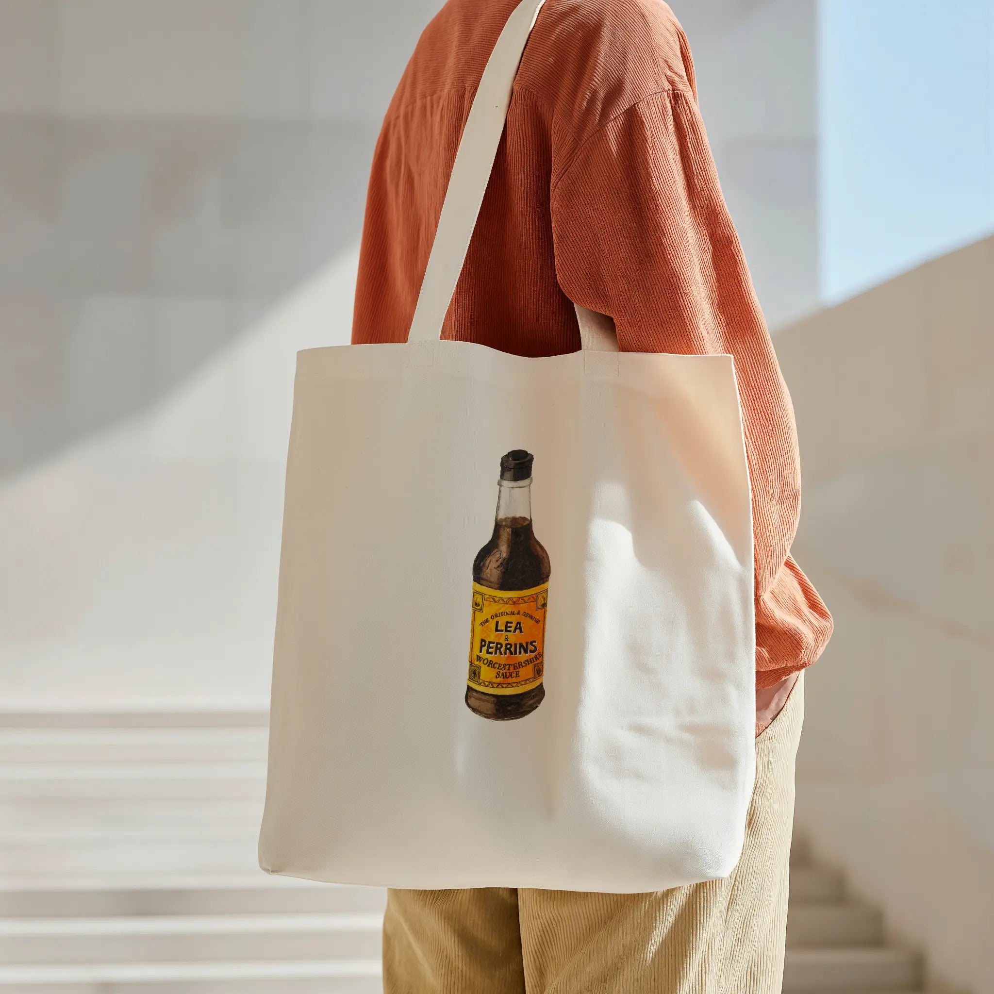 lea & perrins worcestershire sauce watercolor illustration cotton tote bag in a flat lay product view