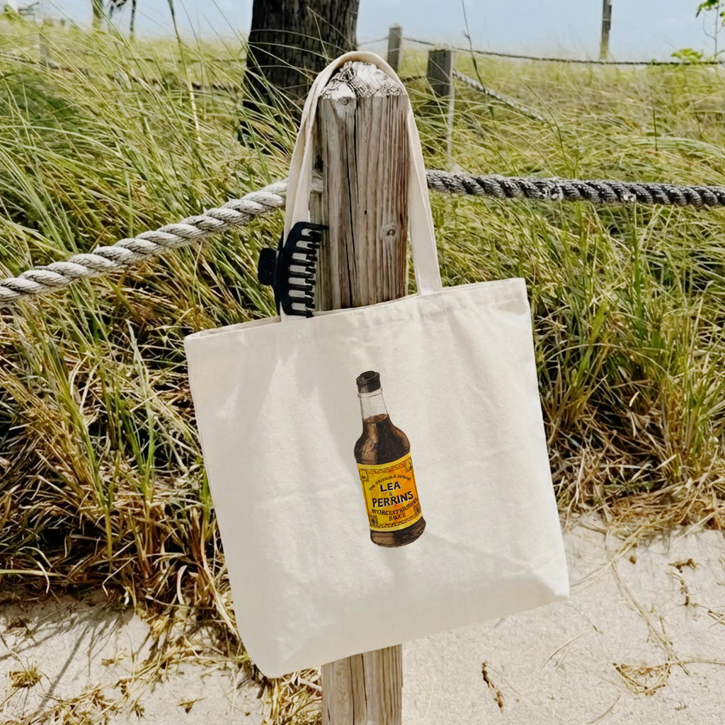 lea & perrins worcestershire sauce watercolor illustration cotton tote bag for outdoor beach use
